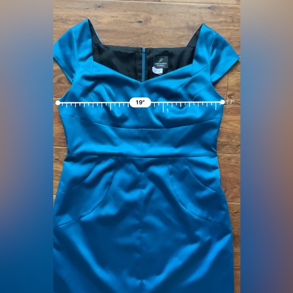 Adrianna Papell Women's Size 14 Blue Satin Sheath Midi Dress Cap Sleeve - Picture 5 of 9